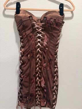 Brown Floral Lace Up Corset Mini Dress NWT Fashion Nova XS